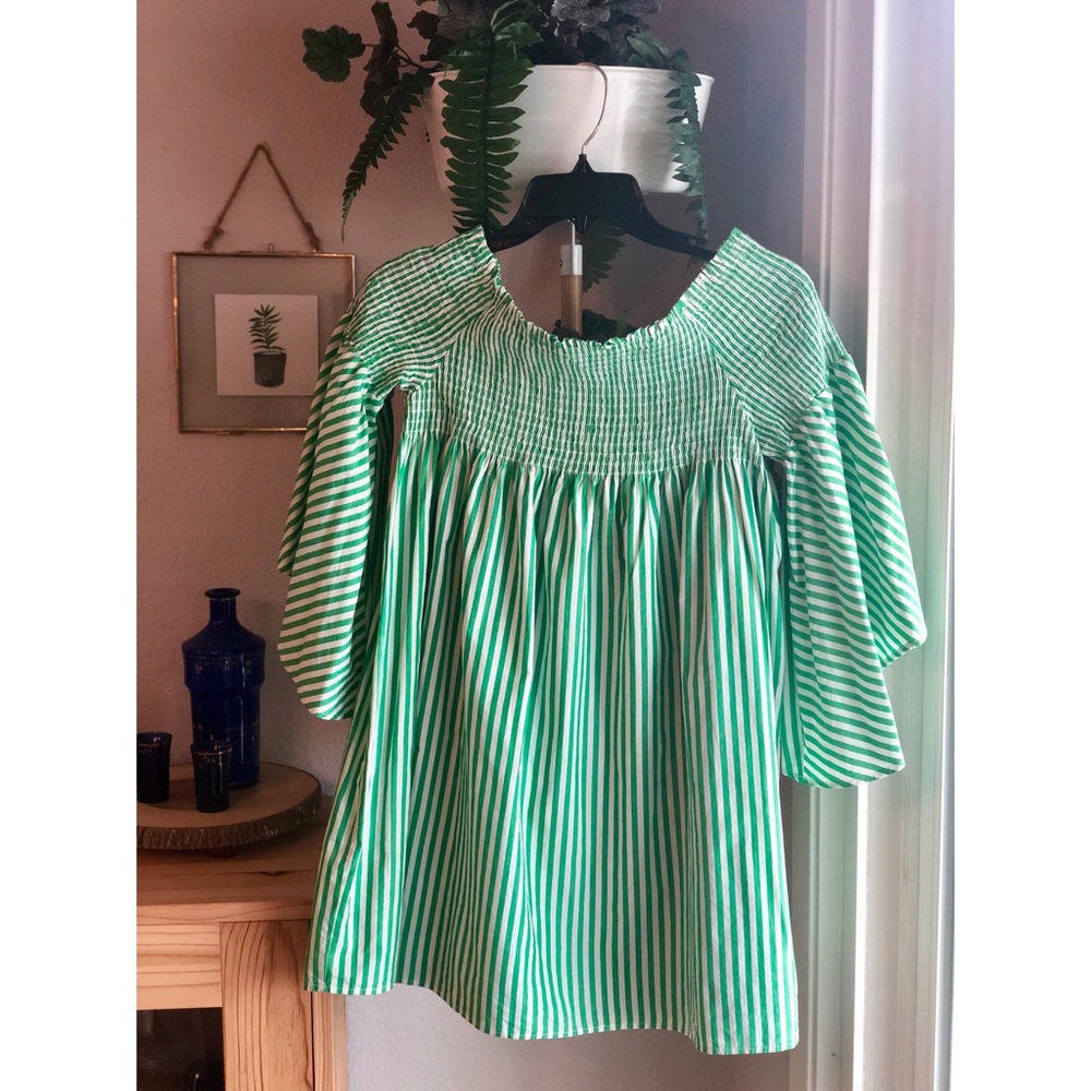 Zara Green and White Stripe off shoulder dress